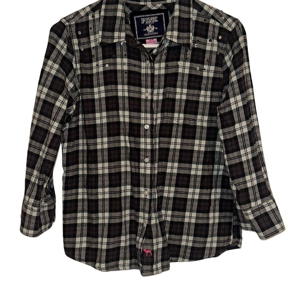PINK Victoria's Secret Gray White Plaid Flannel Rhinestone Shirt Ladies Medium